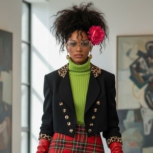 Scarlett Vintage Cropped Blazer Leopard Trim 90s Mob Wife Bolero Jacket Black S